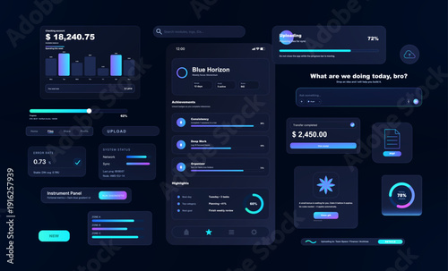 Futuristic dark mobile App screen with with many widgets. UI, UX mobile phone application. Analytics dashboards, CRM, KPIs, charts, key metrics, upload progress. Vector mobile phone app with UI, UX