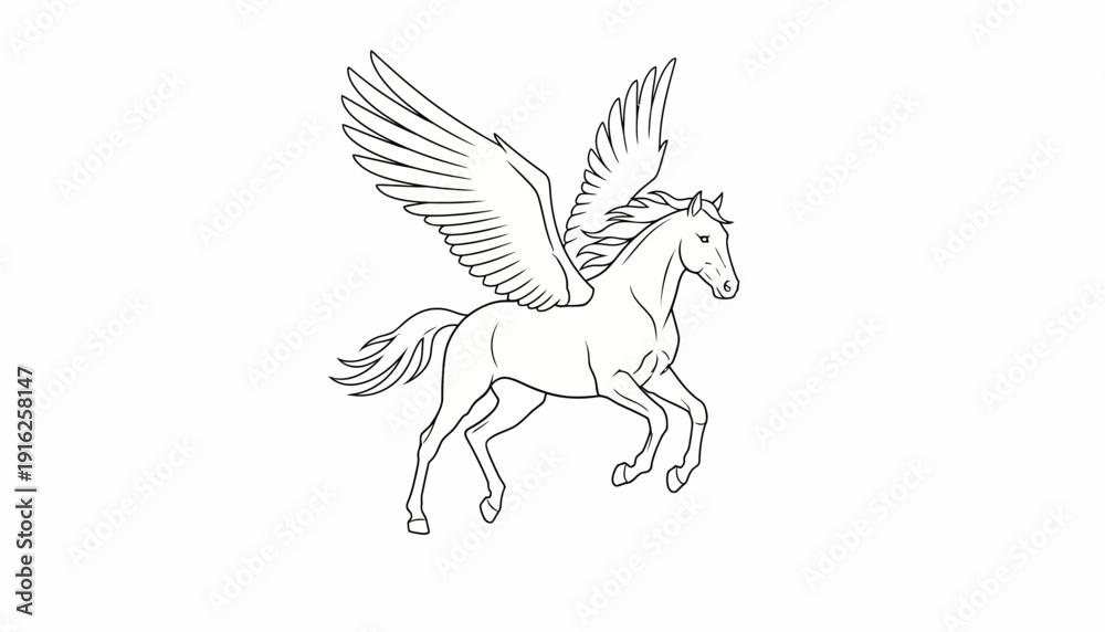 Obraz premium Mythical Pegasus Horse Flying with Majestic Wings, Line Art Illustration