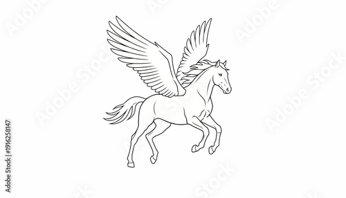 Mythical Pegasus Horse Flying with Majestic Wings, Line Art Illustration
