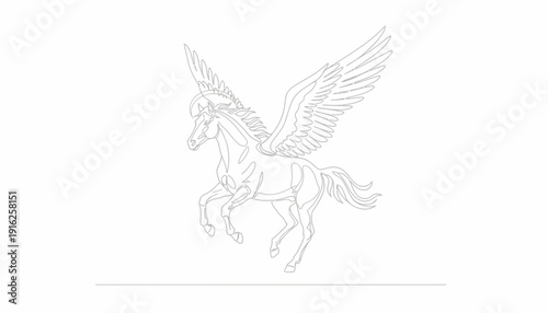 Mythical Pegasus Horse Flying with Majestic Wings, Outline Illustration