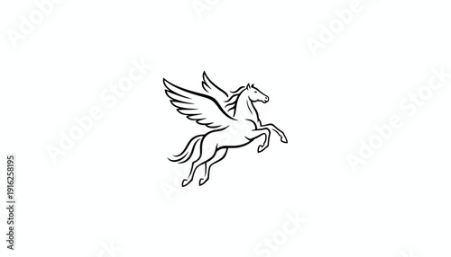 Mythical Pegasus Horse Flying with Wings, Line Art Illustration