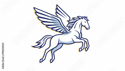 Mythical White Pegasus Horse Flying with Wings Spread, Fantasy Creature Illustration