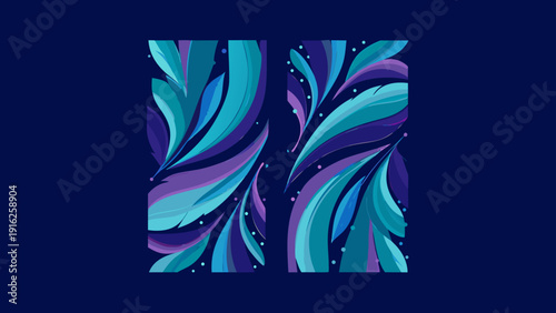 Vibrant abstract composition with elongated flowing shapes in shades of blue and purple on a dark background for design and decoration with graphic