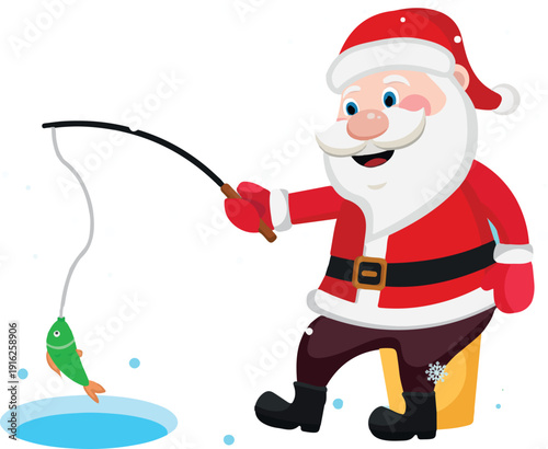 PrintCartoon santa claus ice fishing in winter illustration