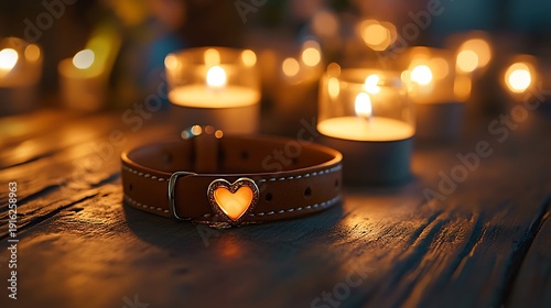 A tender moment captured with a leather collar adorned with a heart pendant illuminated by the gentle glow of candlelight