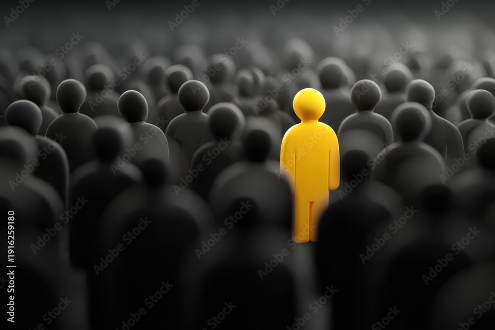 Fototapeta premium crowd of black people with a single unique yellow figure standing out of the people masses showing difference, individuality and creative idea competition