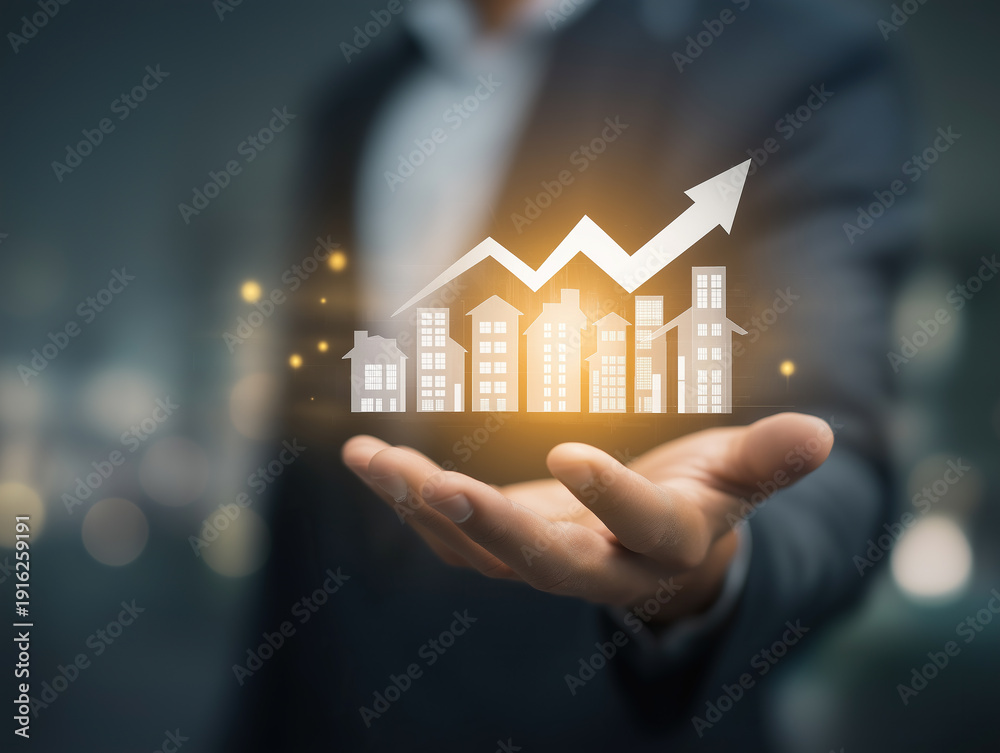 custom made wallpaper toronto digitalreal estate concept -man holds glowing houses and arrow in his palm