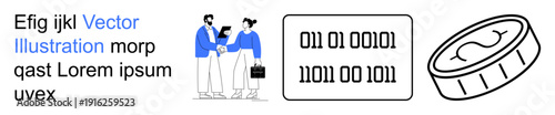 Teamwork, business solutions, technology, binary code, finance, digital currency. Two professionals shaking hands, binary code block cryptocurrency coin. Teamwork and business solutions concepts
