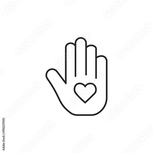 Outline icon of an open hand with a heart symbol in the palm representing care, charity, donation, help, love, and humanitarian support. Minimalist line art vector illustration.