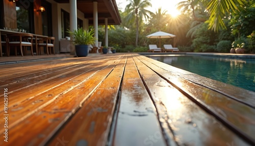 Wooden deck by pool at sunset. Tropical house exterior with lounge chairs umbrella. Warm sun light reflects on deck planks and water surface.