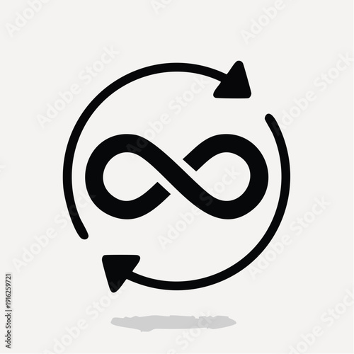 Centered black infinity symbol within a broken circular outline with opposing arrowheads, casting a subtle gray shadow, captured from a flat graphic design perspective on a plain white backdrop