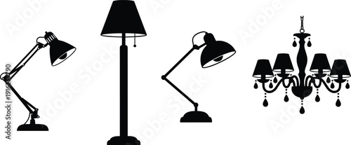 Lamp silhouette set, desk lamp, floor lamp, ornate chandelier, interior lighting fixtures, black vector illustration, home decor, isolated on white.