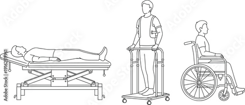 Medical rehabilitation vector set, patient lying on examination table, man using walker frame, person in wheelchair, physical therapy, line art.
