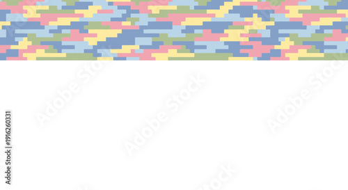 Pixelated pastel camouflage banner across the top with blank white space below creating a modern