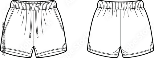 Black and white technical of drawstring shorts front and back views with stitching detail