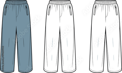 Blue and white elastic waist pants technical flat with zippered pockets and stitching details