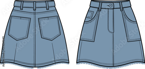 Blue denim skirt flat front and back views with frayed hem flat cad fashion garment template