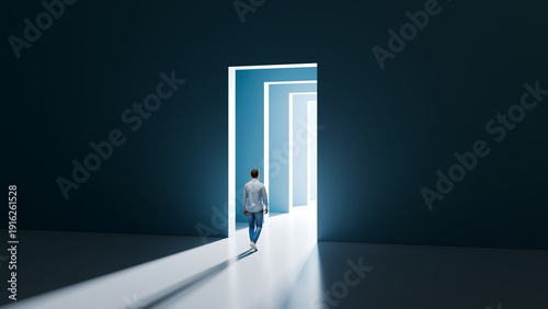 Fotografía Man walking through multiple glowing doorways representing sequential career mil