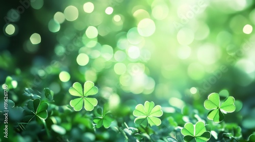 Clover confetti on St. Patrick's Day with green bokeh background creating a festive scene