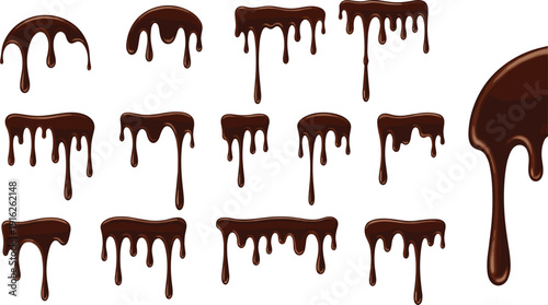 Collection of glossy dark brown chocolate drips and syrup splashes on white background