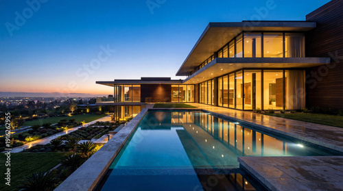 Modern luxury house at dusk with glass walls, clean lines, and large pool reflecting warm interior lights. Elevated property with landscaped grounds and panoramic city view