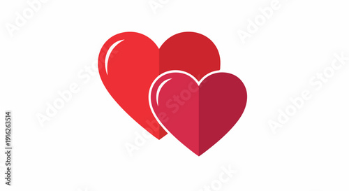 Two overlapping red heart shapes with shiny highlights on a white background in a graphic design element.
