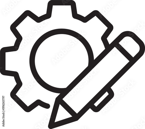 Creative engineering process line icon with pencil and gear symbol for design and prototyping