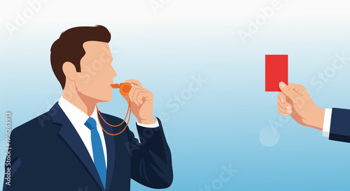 Business vector illustration of a referee blowing a whistle and showing a red card, representing disciplinary action and rules in commerce