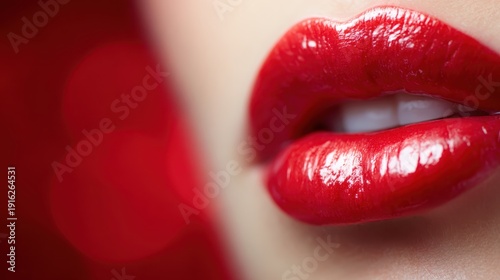 This close-up image captures striking red lips, perfectly glossed and highlighted against a blurred background, exuding allure and sophistication in beauty and fashion.