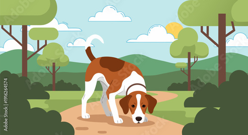 Charming Beagle Dog Vector Illustration in a Park Setting with Trees and Path