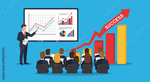 Business growth vector illustration showing presentation with charts and upward trending success graph