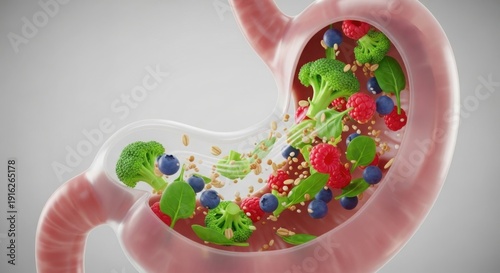 Transparent cross section of healthy stomach showing fruits, vegetables, and seeds for optimal digestion. Internal organ illustrates importance of balanced nutrition for gut well being.