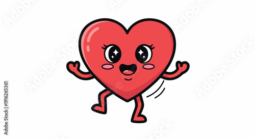 A cartoon heart character with a smiling face and blush cheeks appears to be dancing on a white background with a playful and cheerful mood in a flat 2D illustration style.