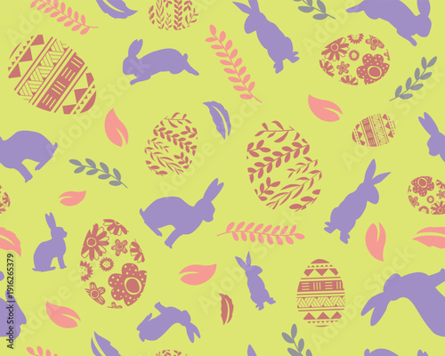 Easter Egg Plants Floral Rabbit Spring Seamless Pattern Background Yellow