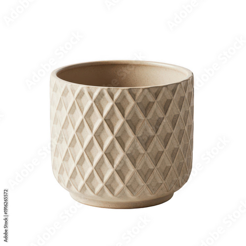 A beige ceramic planter with a diamond pattern