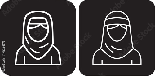 Outline Icons of Muslim Women Wearing Hijab or Burqa, Representing Diversity and Culture in Minimalist Style