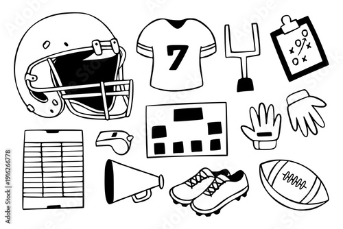 American Football Sports Illustration Set Featuring Hand Drawn Doodles of Helmet Ball Jersey Cleats Goalpost and Whistle in Minimalist Line Art Style.