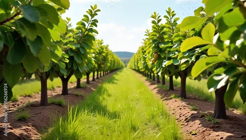 A fig orchard with rows of trees bearing ripe fruit in a warm sunny climate 