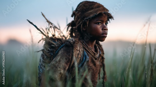 A young boy dressed in earth-toned clothing stands amidst tall grass, reflecting curiosity and resilience against a picturesque background of a misty dawn.