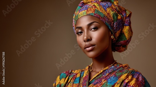 Ghanaian woman wearing multicolored traditional clothing posed in a studio