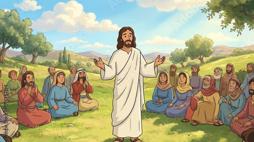 Jesus Christ in white robe speaks to a diverse group of people seated on grass in a serene landscape with trees and mountains under a bright sky
