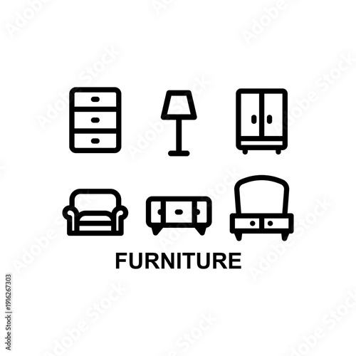 Furniture icon set in outline style featuring dresser, lamp, wardrobe, armchair, sofa, and bed. Home interior and household items vector line art collection.