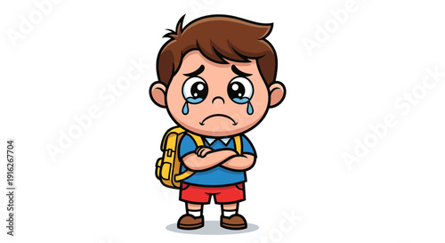 Sad cartoon student with backpack and crossed arms expressing negative emotion isolated on white