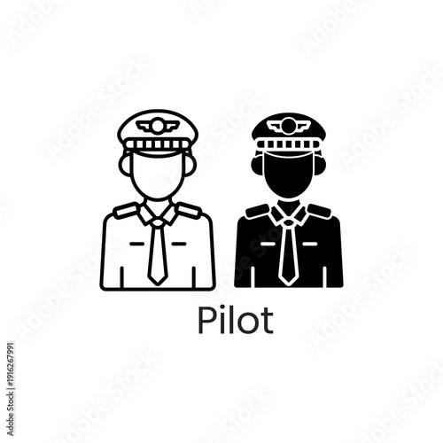 Pilot icon set in two styles - outline and solid. Aviation professional wearing pilot cap with badge and uniform with tie. Airline crew and transportation vector illustration.