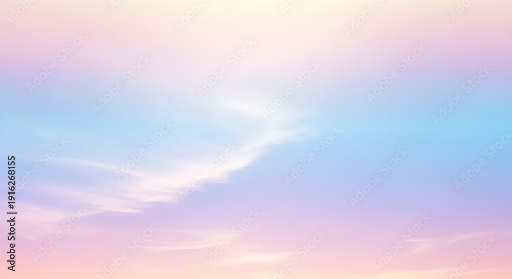 Obraz premium Dreamy Pastel Sky Background with Soft Wispy Clouds at Sunset or Sunrise, featuring Gentle Hues of Blue, Pink, and Orange