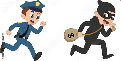 Cartoon Police Officer Chasing Thief with Money Bag, Funny Cops and Robbers Characters Running, Isolated Vector Illustration for Kids Education, Crime Prevention and Safety Concepts