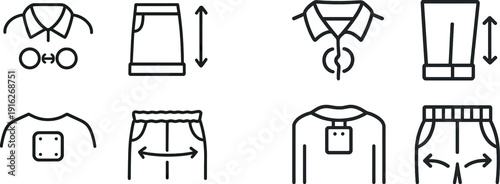 This guide illustrates different clothing measurements, showcasing collar width, skirt length, chest dimensions, and shorts' waistband for better fitting techniques.
