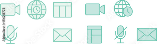Simple line icons illustrate various aspects of communication technology, featuring video call, world clock, chat box, muted microphone, and envelope in a modern design.