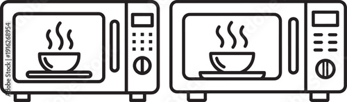 Outline illustration of two microwaves with steaming bowls inside, symbolizing heating food and cooking convenience.