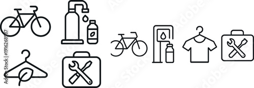 A collection of bicycle repair tools, a water bottle, a plant-themed hanger, and a toolbox arranged neatly against a simple background. Each item reflects a commitment to sustainability and cycling.